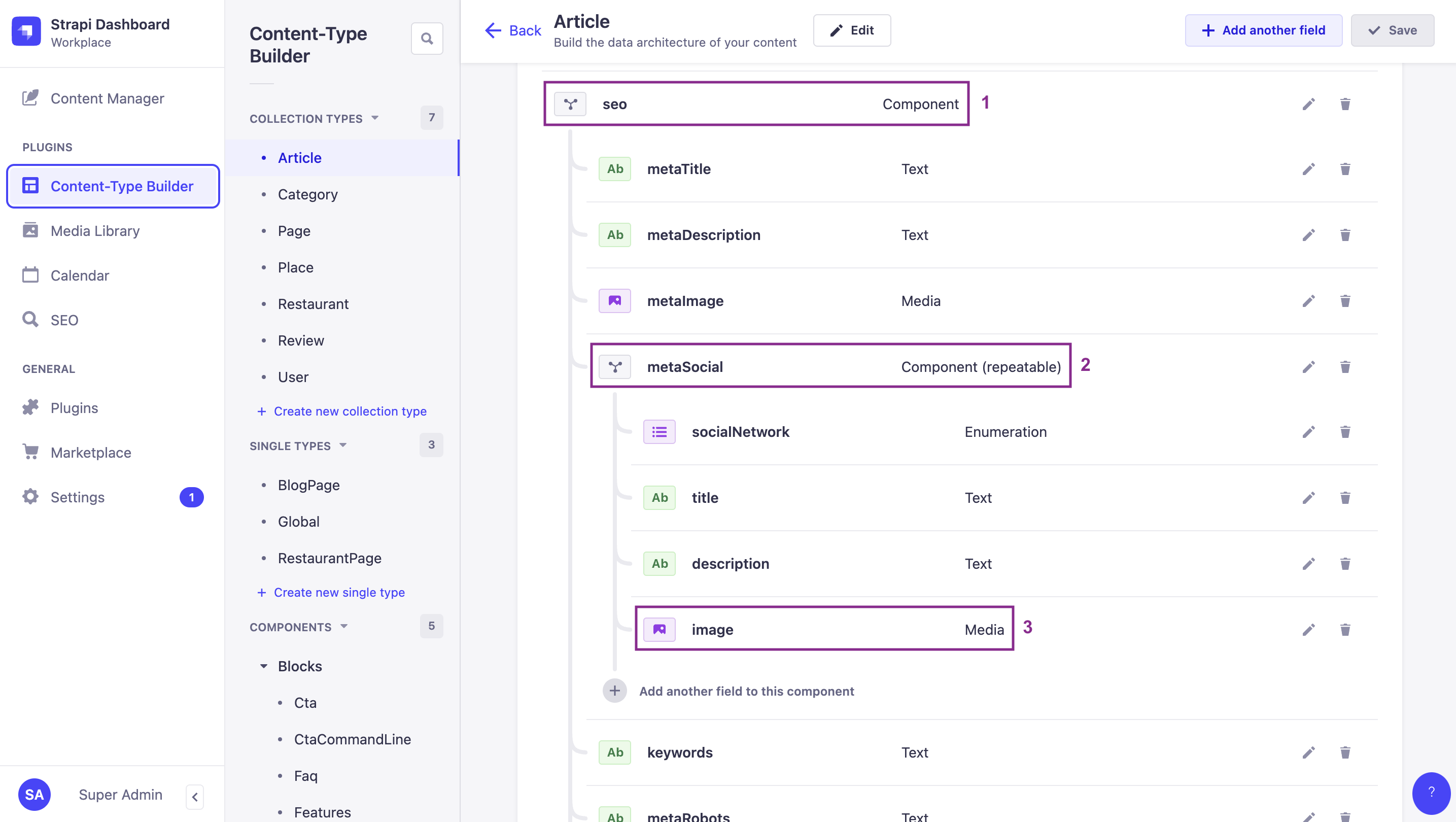 FoodAdvisor's SEO component structure in the Content-Type Builder