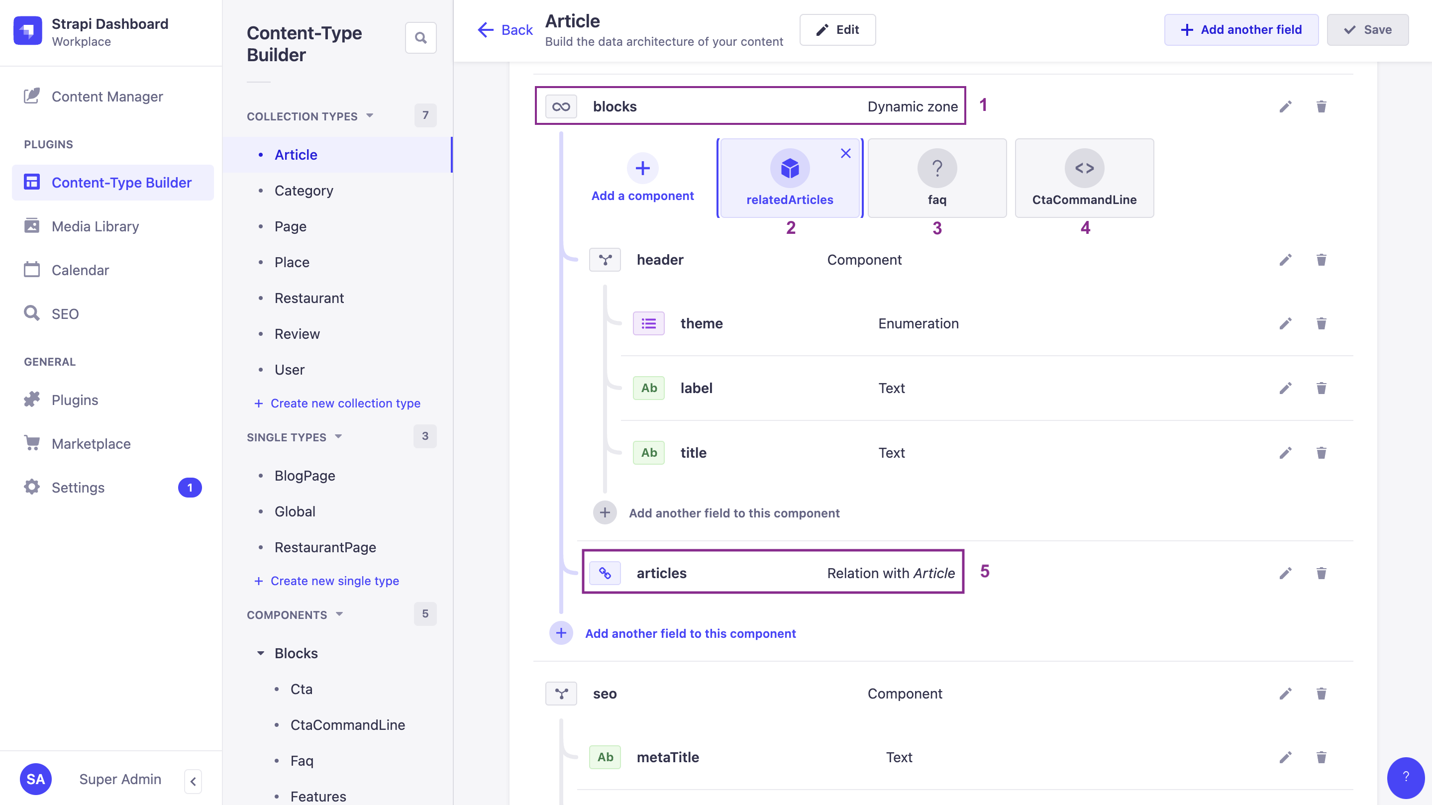 FoodAdvisor's 'blocks' dynamic zone structure in the Content-Type Builder